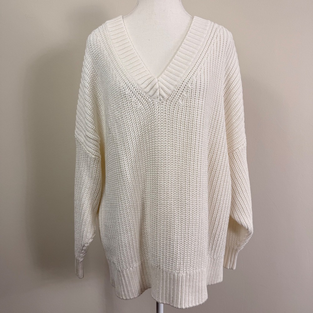 Banana Republic Cream White Oversized Chunky Knit V-Neck Sweater 100% Cotton Lrg